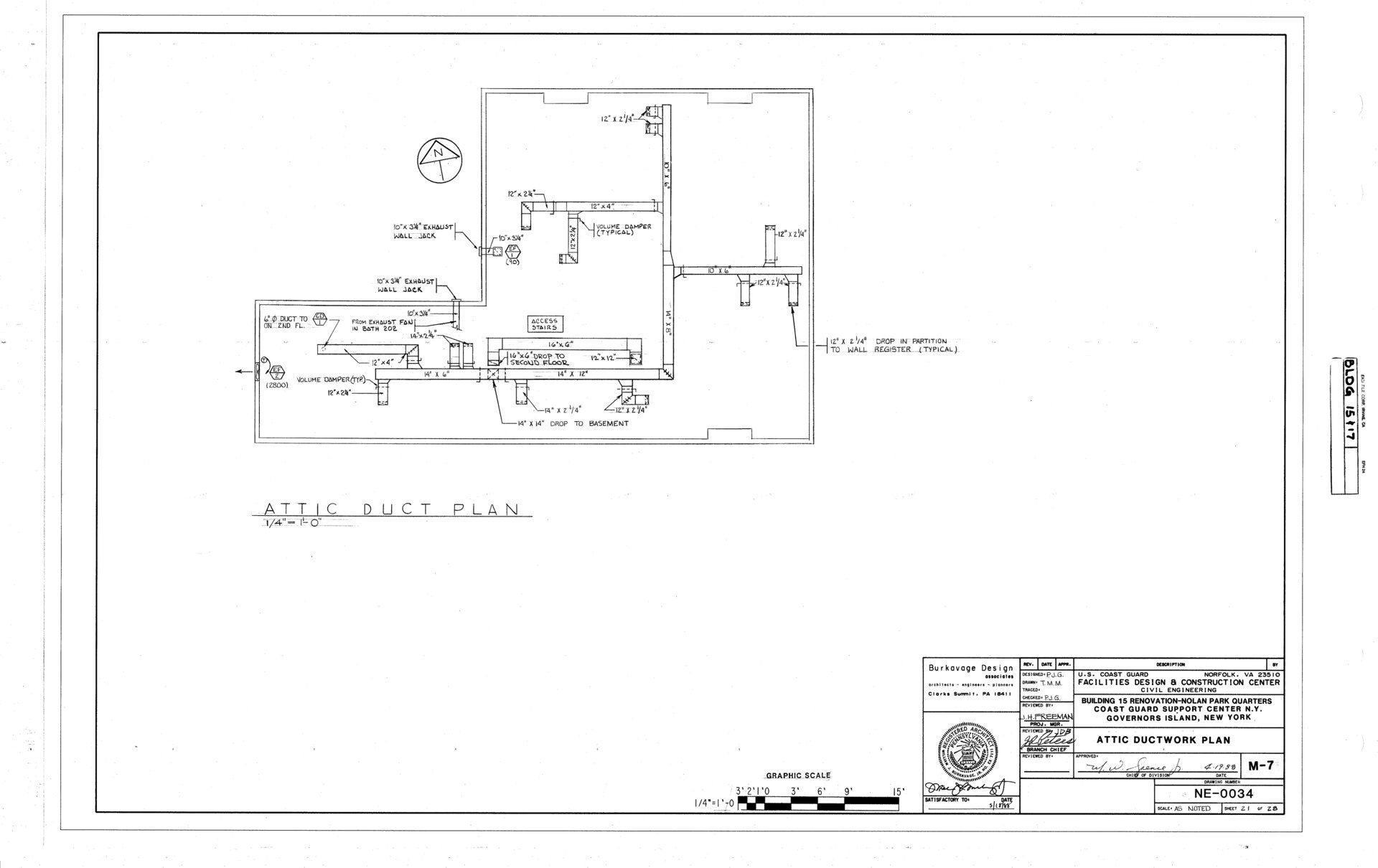 An old architectural drawing titled Attic Duct Plan, showing supply runs, volume dampers and drops to wall registers, with duct sizes marked.